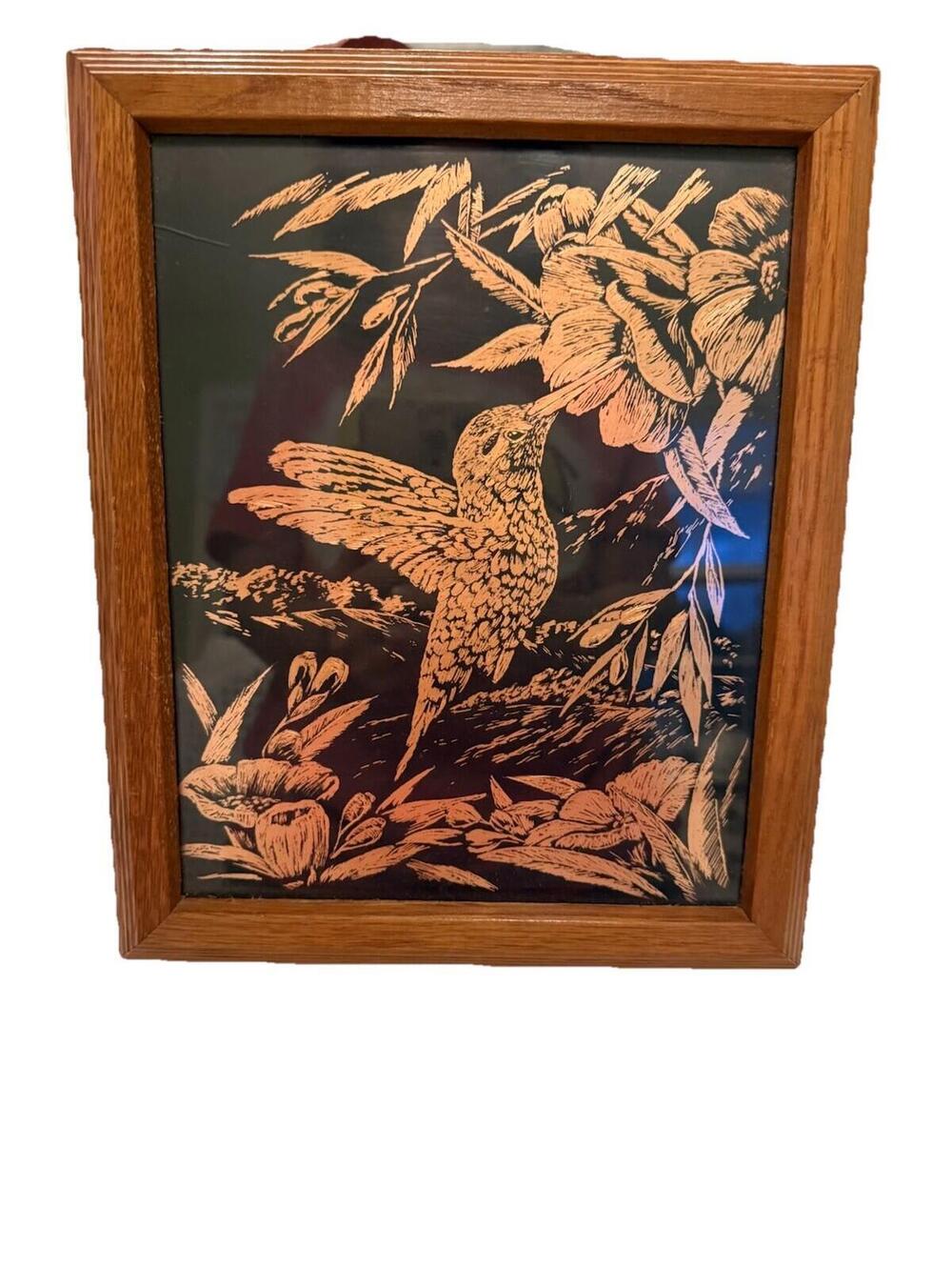 VTG Framed Handmade Copper Hummingbirds on Branch and Flowers, cottagecore